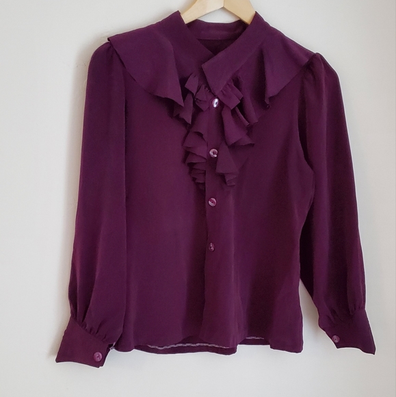 Plum Ruffle Vintage 80s Long Sleeve Button Up Blouse - Picture 8 of 13